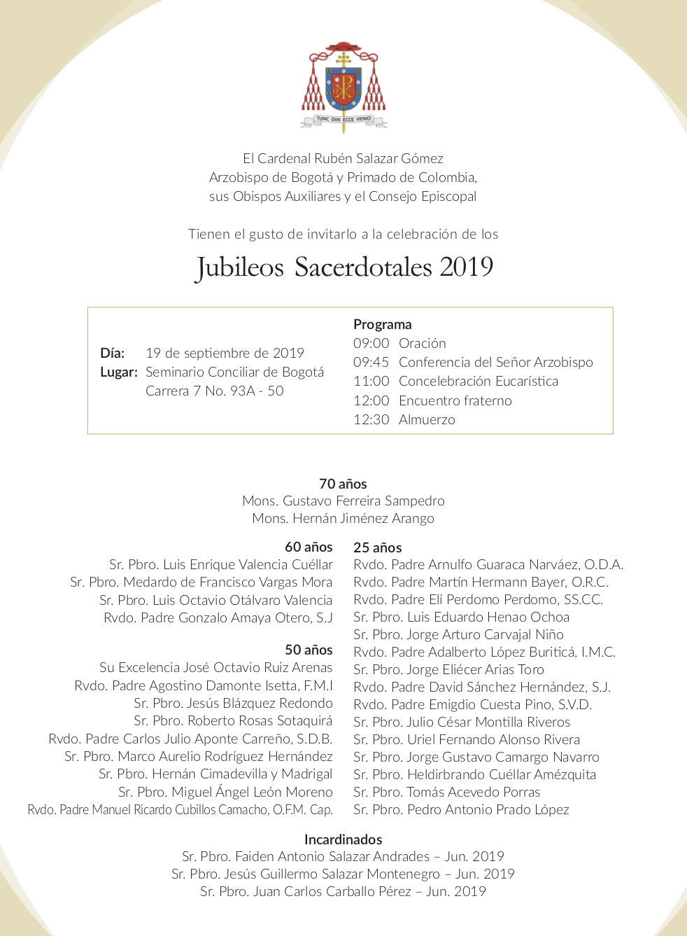 Invitacioìn Jubileos Sacerdotales 2019