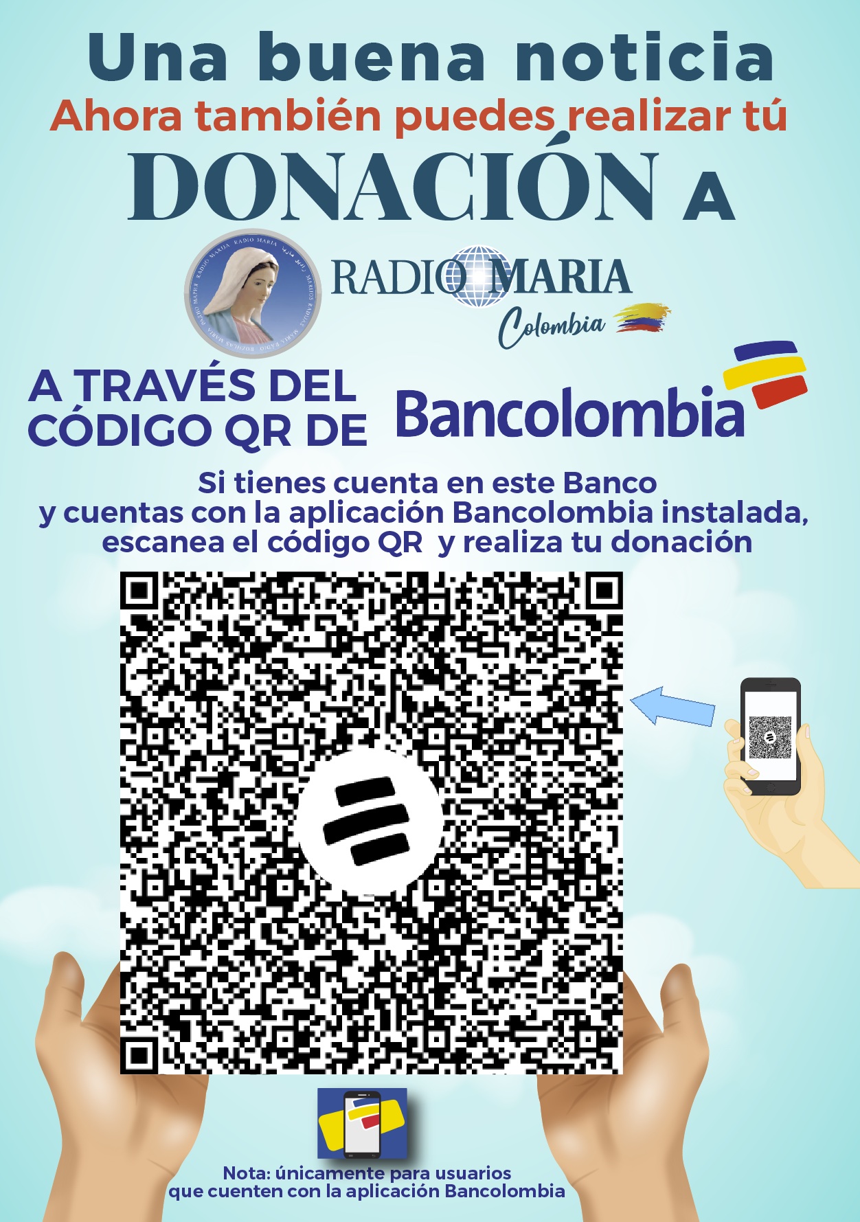 flyer 2 donación con codigo qr Bancolombia